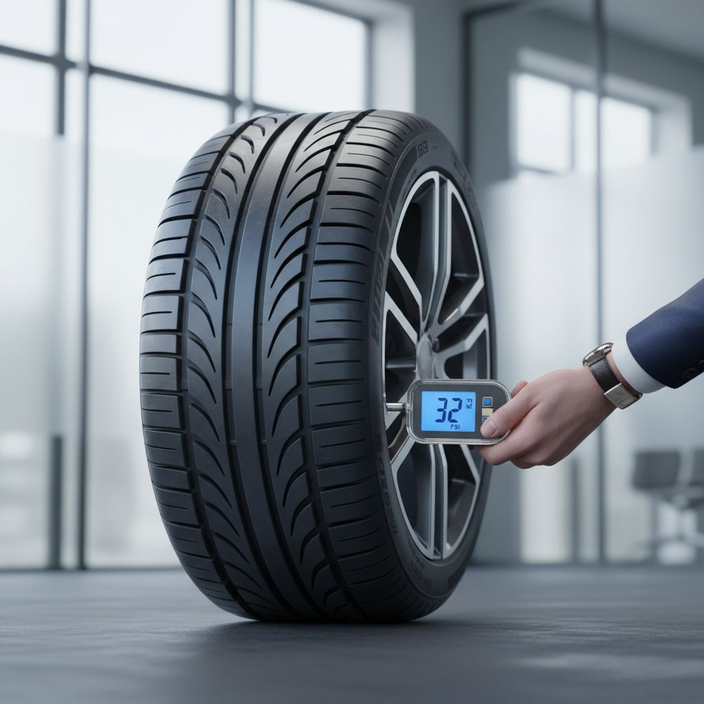 A close-up of a clean car tire with a digital gauge showing the pounds per square inch reading.