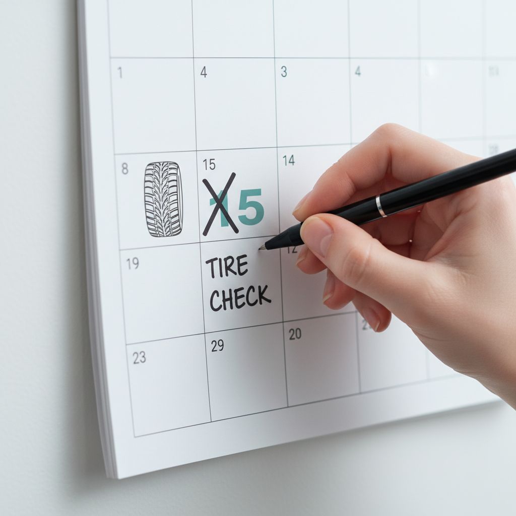 A person looking at a calendar with a car tire icon marked on a date.