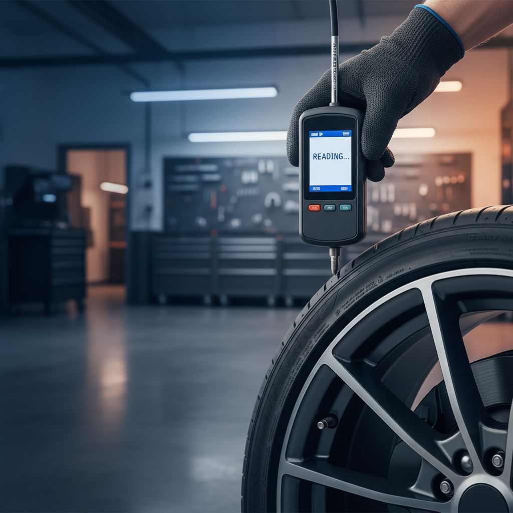 A mechanic using a diagnostic tool on a car wheel sensor.