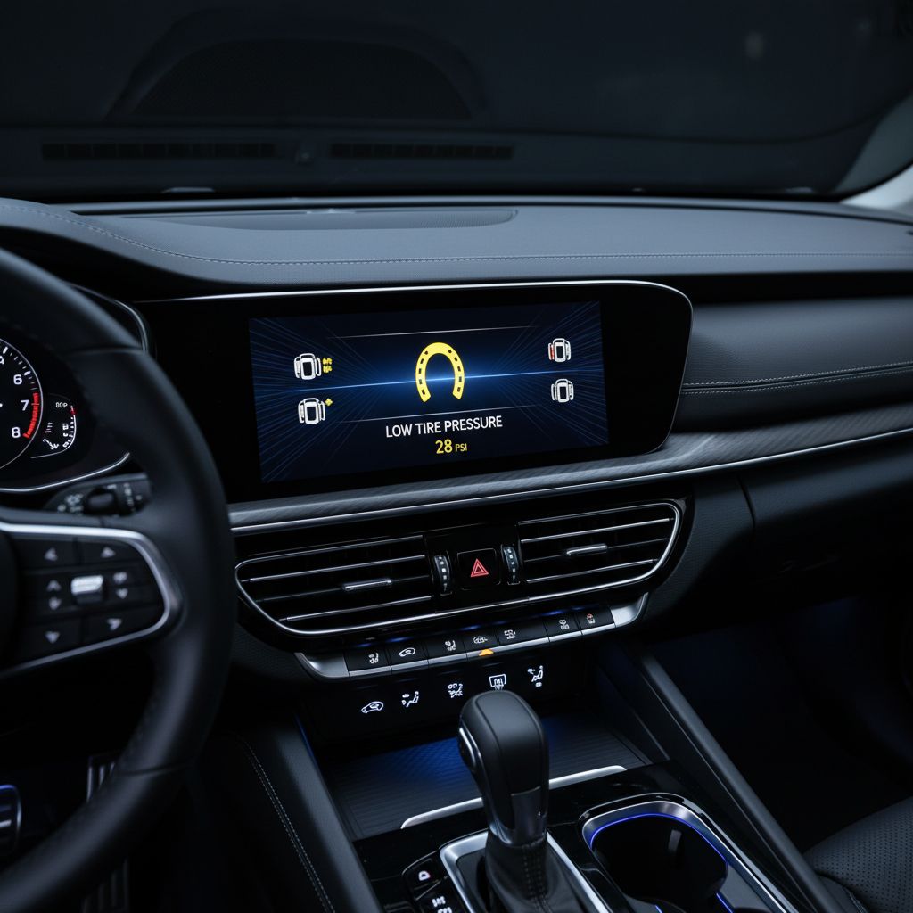 A glowing yellow tire pressure warning light on a modern car dashboard.