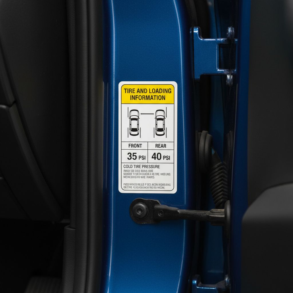 A tire specification sticker on a white car door frame.