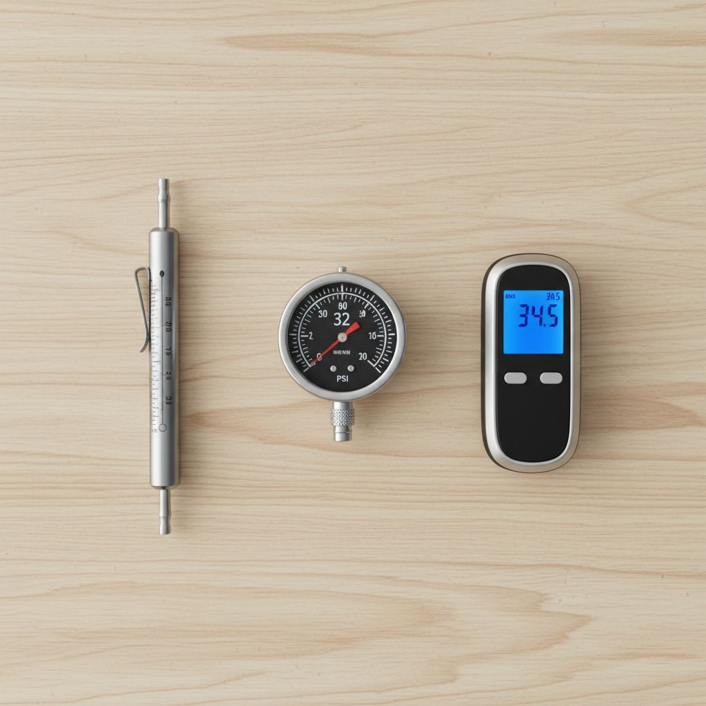 Three types of tire pressure gauges lying on a wooden workbench.