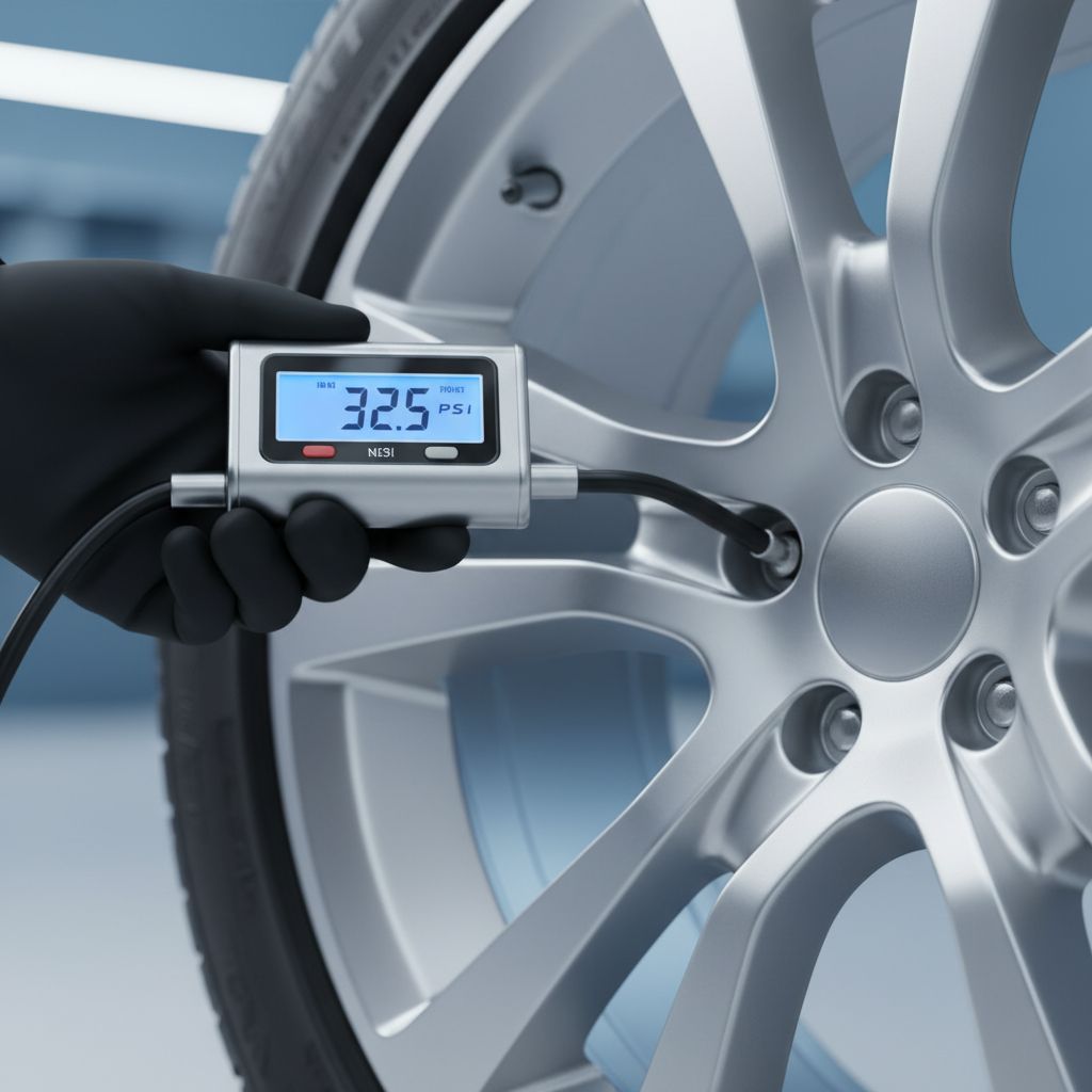 A person pressing a tire gauge onto a black valve stem.