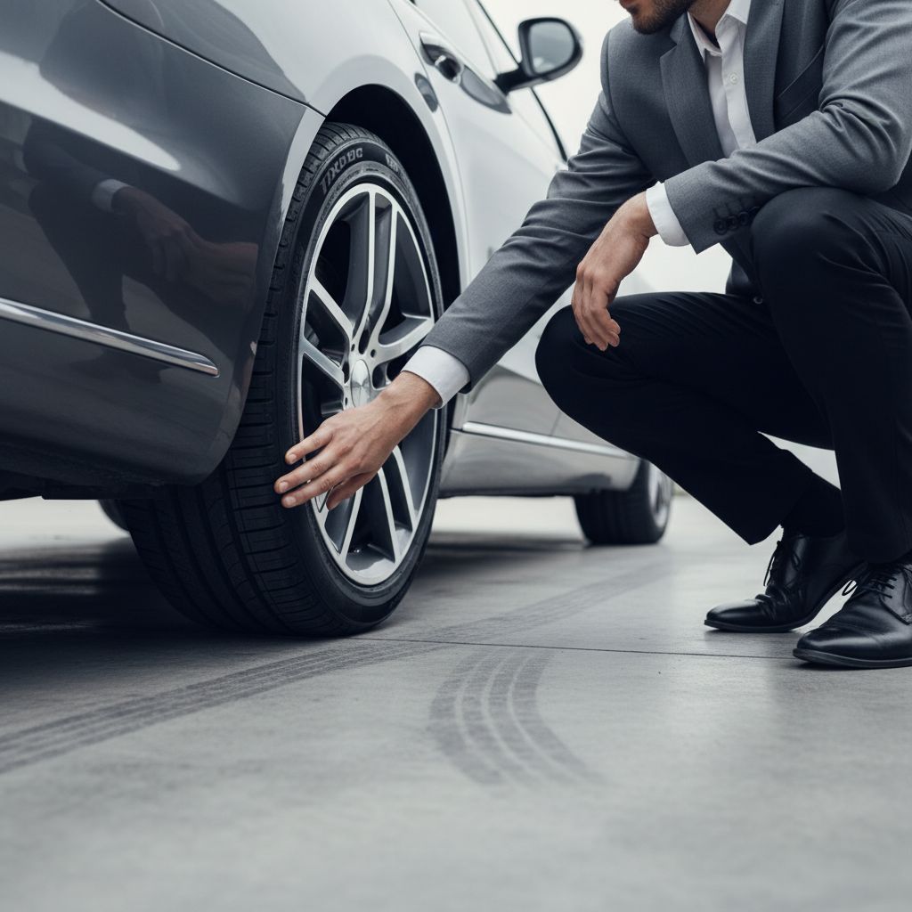 A person inspecting a car tire bulge at the bottom.