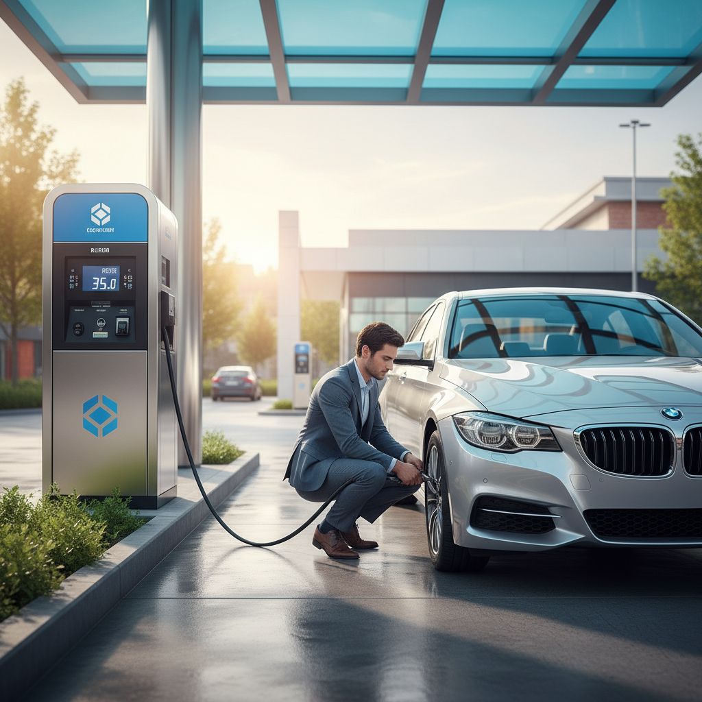 A person using an air pump hose at a gas station to fill a tire.