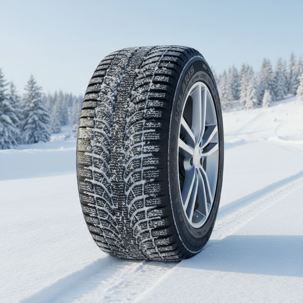 A car tire parked on a snow-covered road in winter.