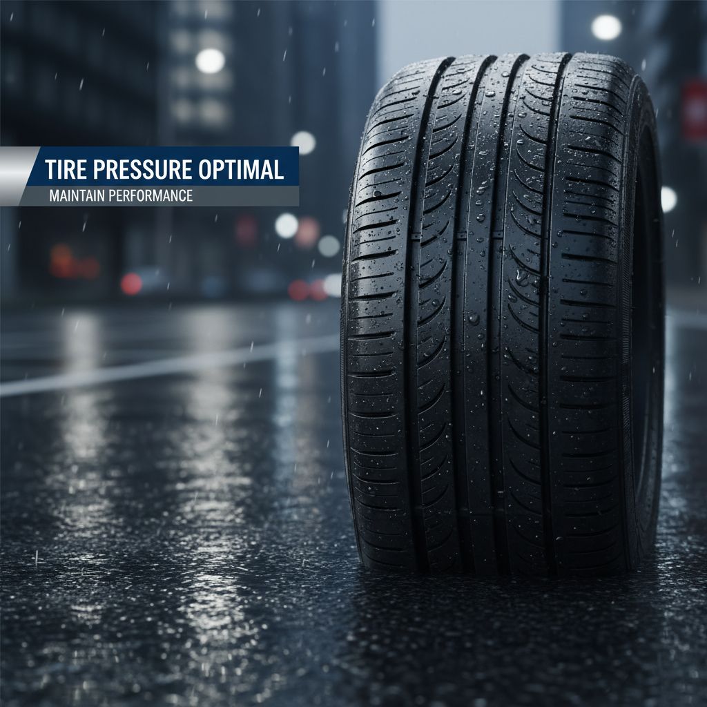 A slightly deflated car tire on a wet asphalt road.