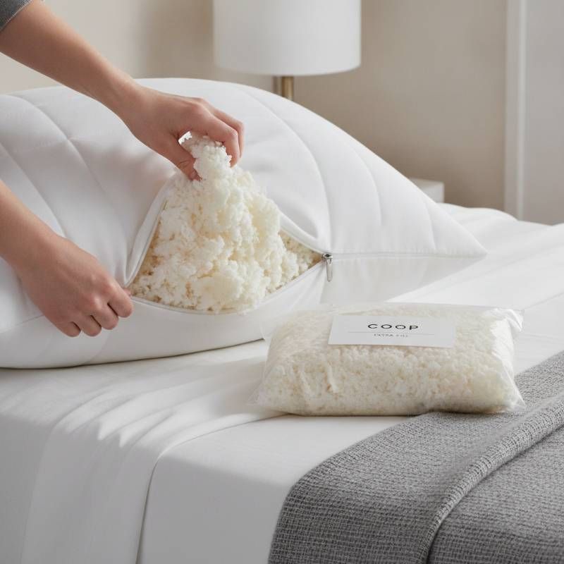 A person unzipping a Coop pillow and adjusting the shredded memory foam fill on a clean white bed