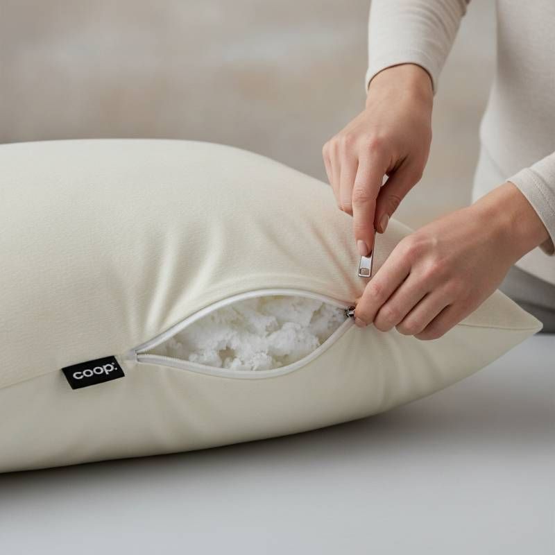 A step-by-side guide showing how to add and remove fill from a Coop pillow