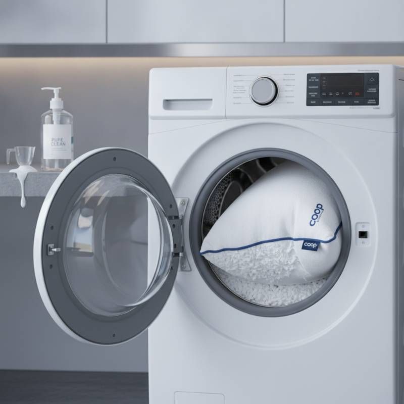 A Coop pillow being placed into a clean washing machine