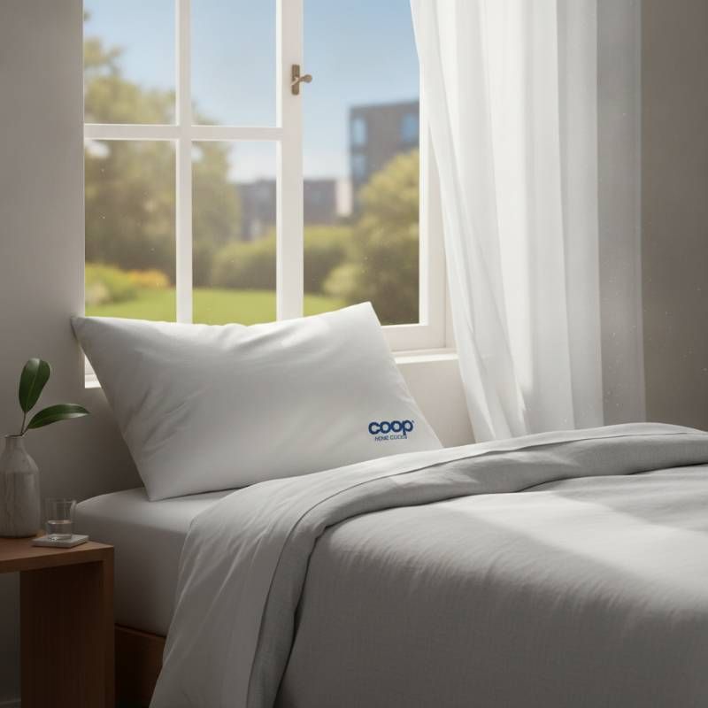 A Coop pillow airing out near an open window with fresh sunlight