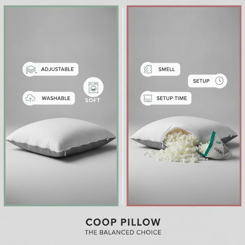 A list of pros and cons of Coop pillows displayed on a clean background