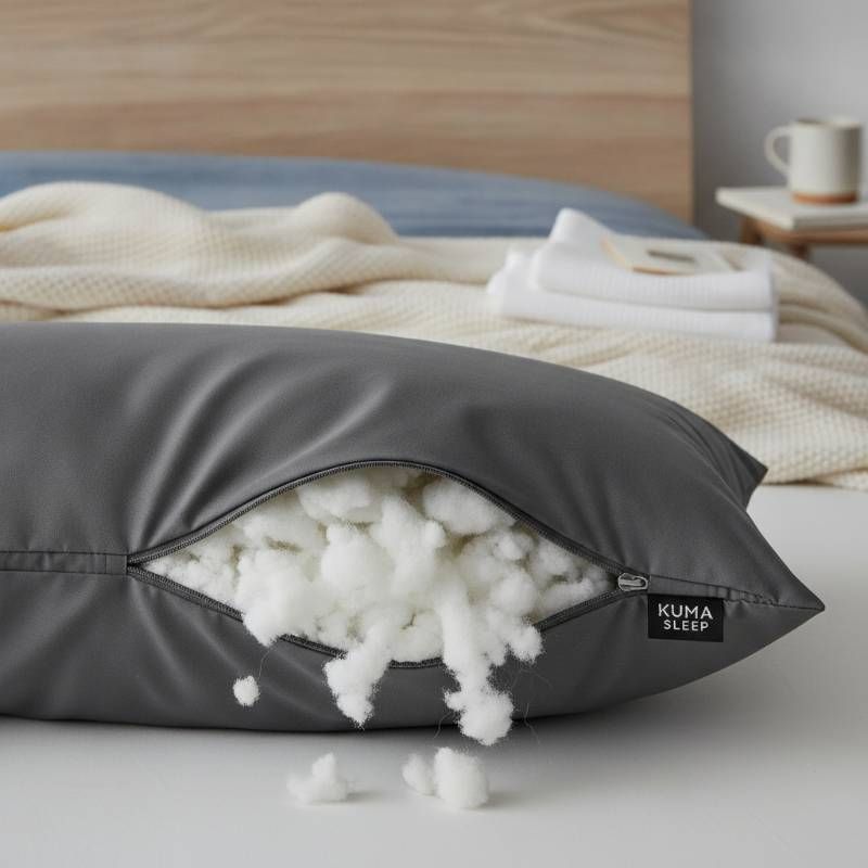 Kozi Sleep Pillow showing shredded memory foam fill inside.