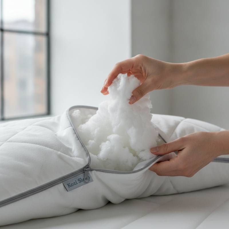 Adjusting the shredded memory foam inside the Kozi Sleep Pillow.