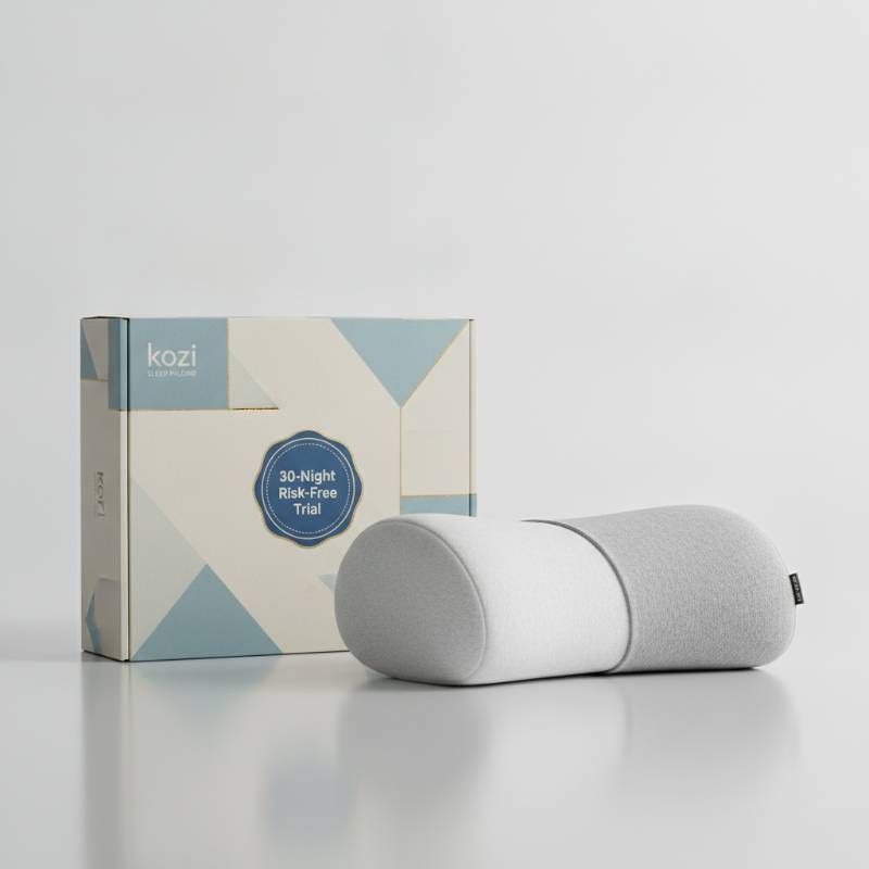 Kozi Sleep Pillow in its shipping box with a 30-night trial badge.