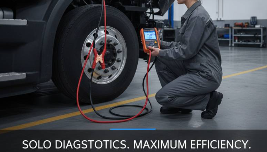 FOXWELL BT705 battery tester with long cables connected to a truck battery
