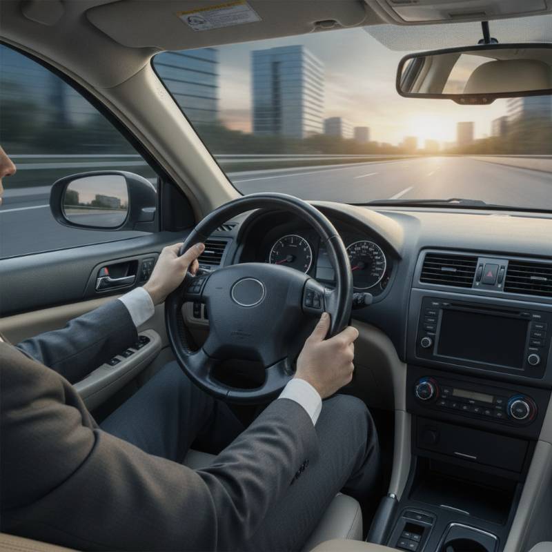A driver's perspective inside a used car during a test drive, showing the clean dashboard and road ahead.