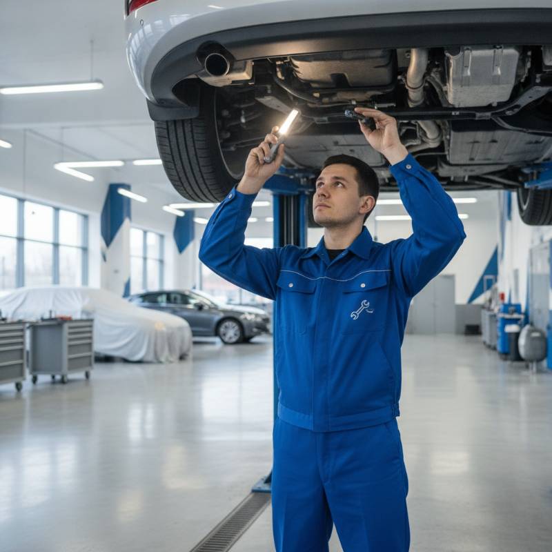 A professional mechanic in a garage inspecting a used car raised on a hydraulic lift.