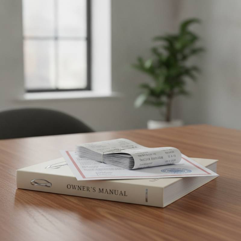 An organized folder containing used car paperwork, service records, and a clean vehicle title.