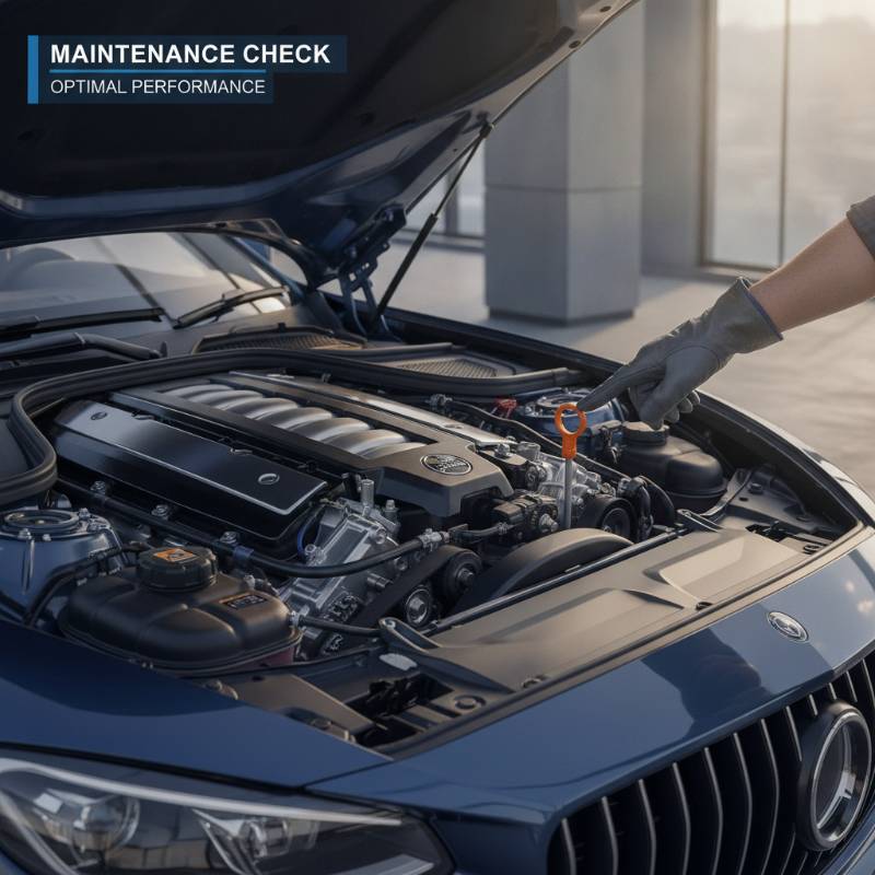 A clean used car engine bay with the hood open, highlighting fluid dipsticks and hoses.
