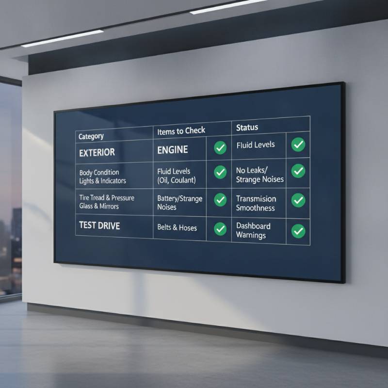 A clean table summarizing the used car inspection checklist.