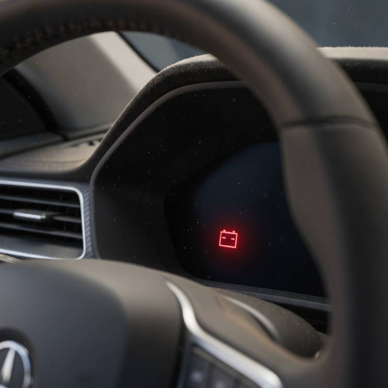 Glow of a red battery warning light on a car dashboard