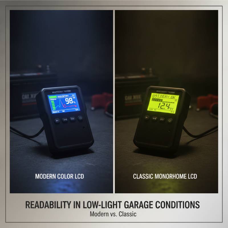 Close-up of digital battery tester screens comparing color and monochrome displays