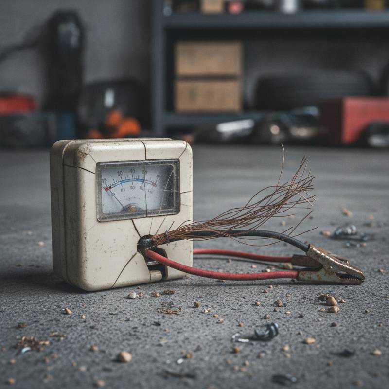 A broken cheap plastic battery tester with thin wires on a garage floor