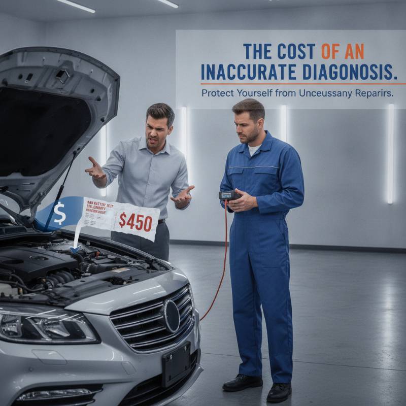 An angry customer talking to a mechanic next to a broken-down car