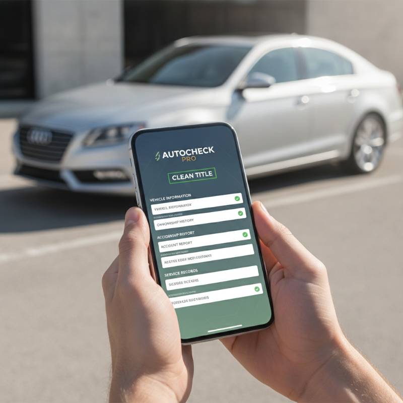 A person using a smartphone to run a vehicle history report on a used car.