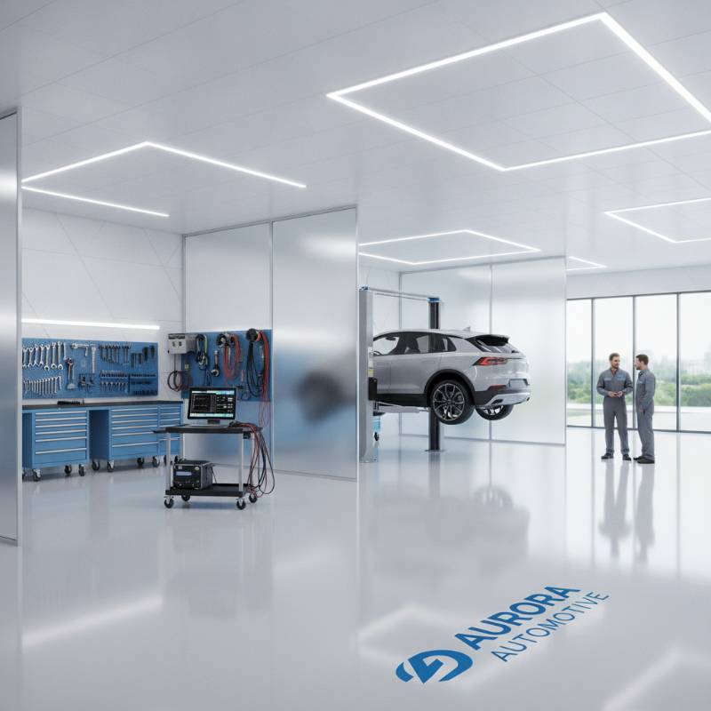 A modern auto repair garage with professional diagnostic equipment