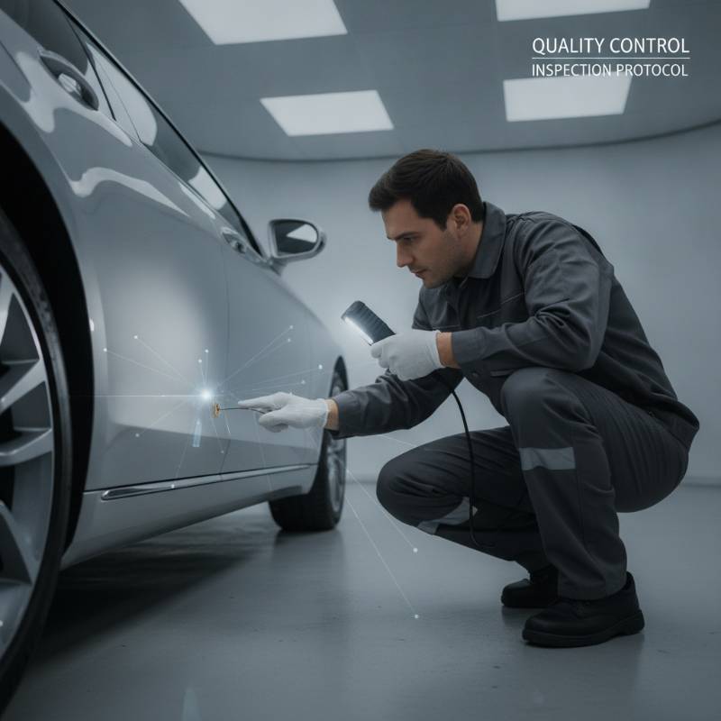 A close-up of a car wheel arch and rocker panel being inspected for rust and paint mismatch.