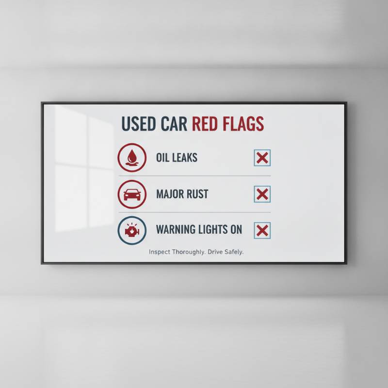 A warning sign pointing to key red flags on a used car like fresh paint spots and fluid leaks.