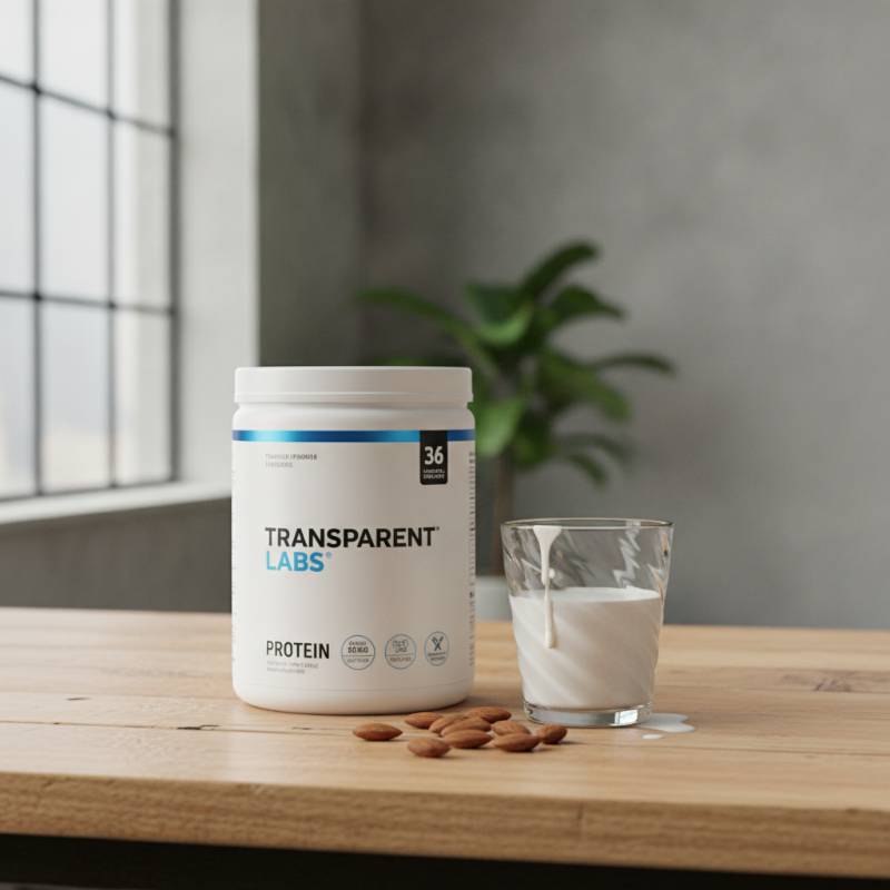 Transparent Labs protein tub next to a glass of milk and fresh ingredients
