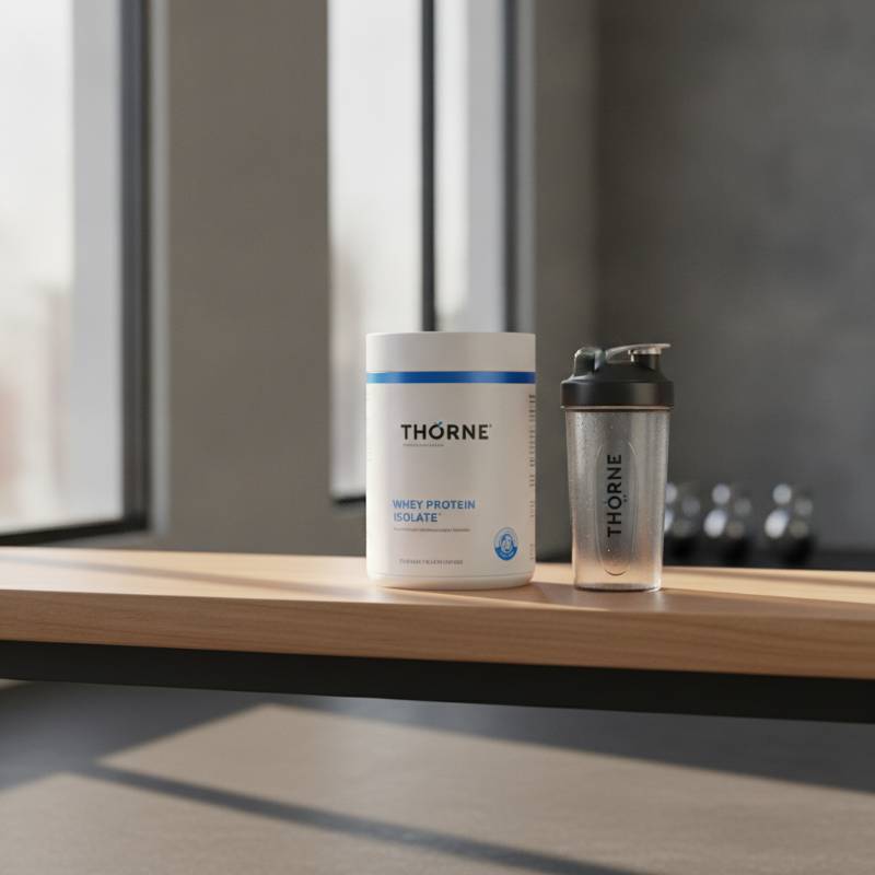 A clean minimalist white tub of Thorne Whey Protein Isolate sitting on a gym bench next to a shaker bottle with natural morning light