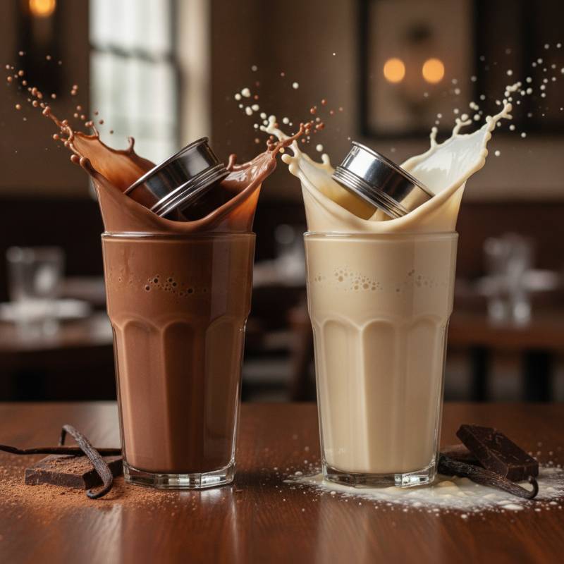 Two glass shaker cups with smooth chocolate whey protein shake and creamy vanilla shake with clean liquid splashes