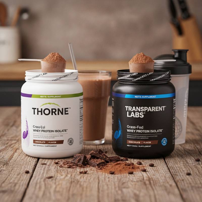 A side by side product comparison layout on a wooden table showing a Thorne protein tub and a Transparent Labs protein tub