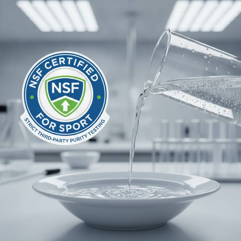 An official NSF Certified for Sport logo concept next to a clean laboratory beaker representing purity testing