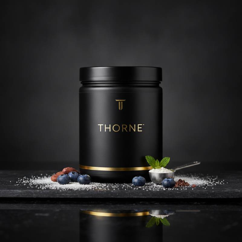 A premium elegant display of a Thorne protein tub on a dark sleek background symbolizing luxury supplement quality