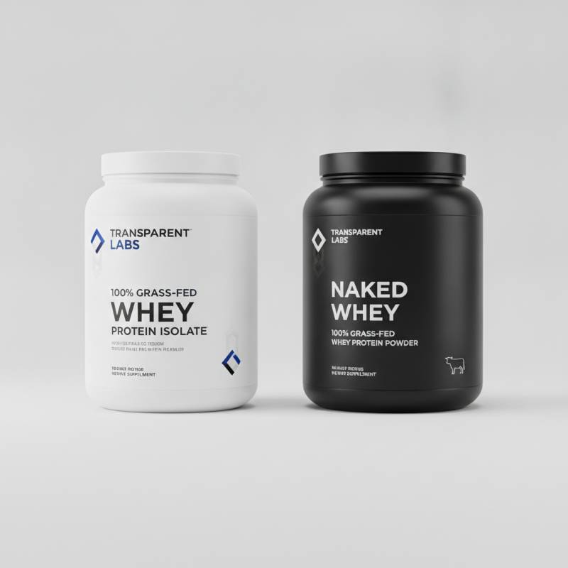 Side-by-side comparison of Transparent Labs Whey Isolate and Naked Whey tubs