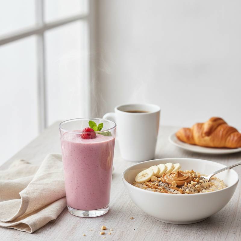 A delicious berry protein smoothie and chocolate protein oatmeal bowl on a table